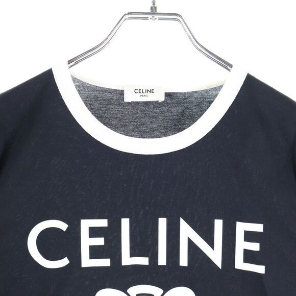 Celine Triomphe Logo Print Cotton Jersey Crew Neck Short Sleeved T-shirt Cut - Picture 3 of 9